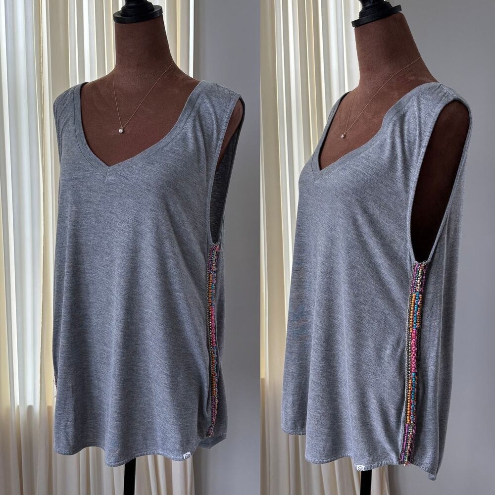 Sloane Rouge Gray Beaded Trim Distressed Muscle Tank Top Boho Artsy Fairy Medium